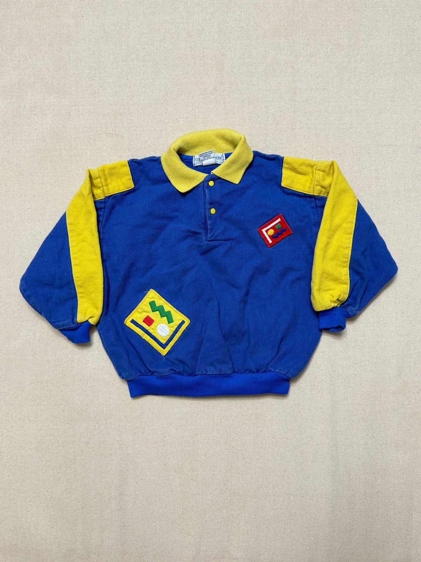 80s 90s Kids Toddler Vintage Oshkosh Bgosh Blue Yellow Snap Collared Longsleeve Cotton Top / 3T 4T / Made in USA