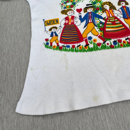 70s Kids Vintage Sweden Cute Print Design Off White Short Sleeve T-Shirt Made in Sweden 3Y 4Y 5Y