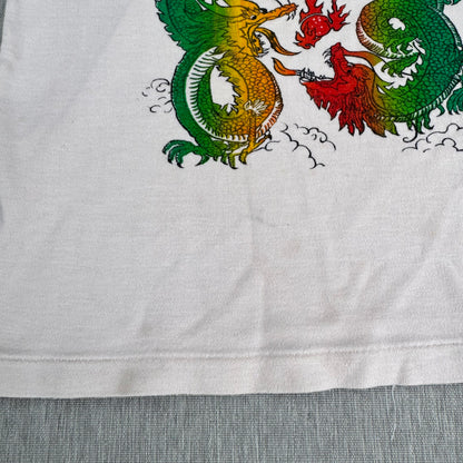 70s Kids Vintage Singapore Dragons Print on a Beige Short Sleeve T-Shirt 5Y 6Y