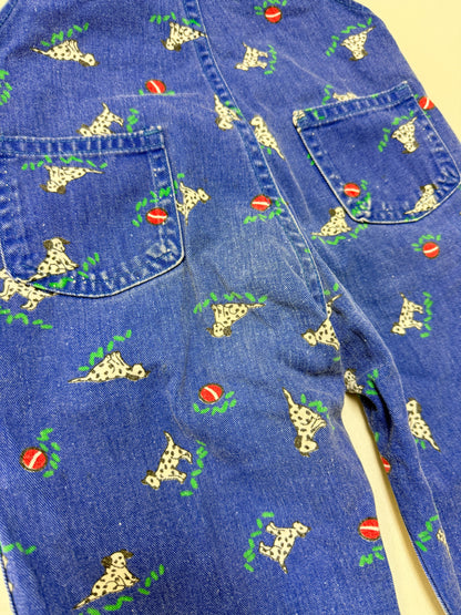 90s Kids Toddler Vintage Oshkosh Bgosh Dalmatian Dog AOP Blue Cotton Overall / 3T