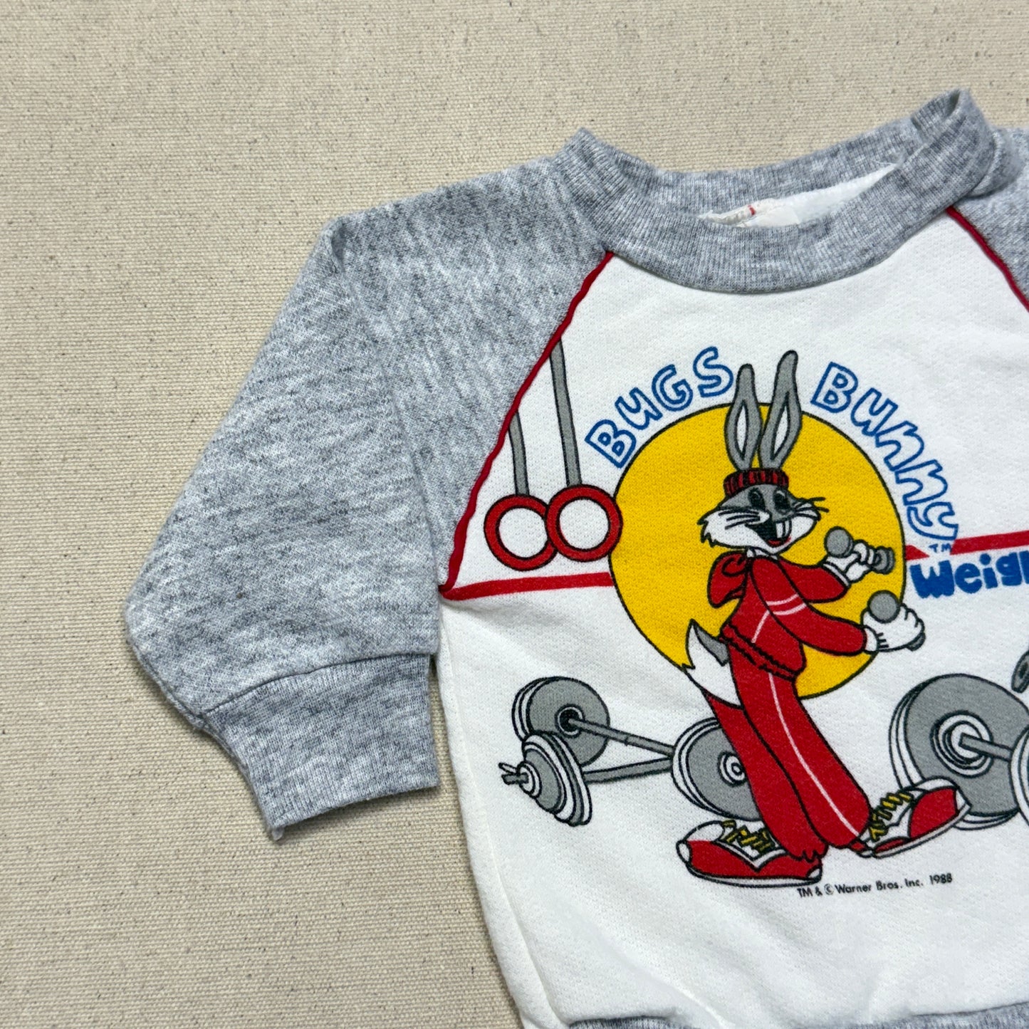 1988 80s Kids infant Baby Vintage Bugs Bunny Weight-Lifter Gray Raglan Sleeve Sweatshirt / 0m 3m 6m