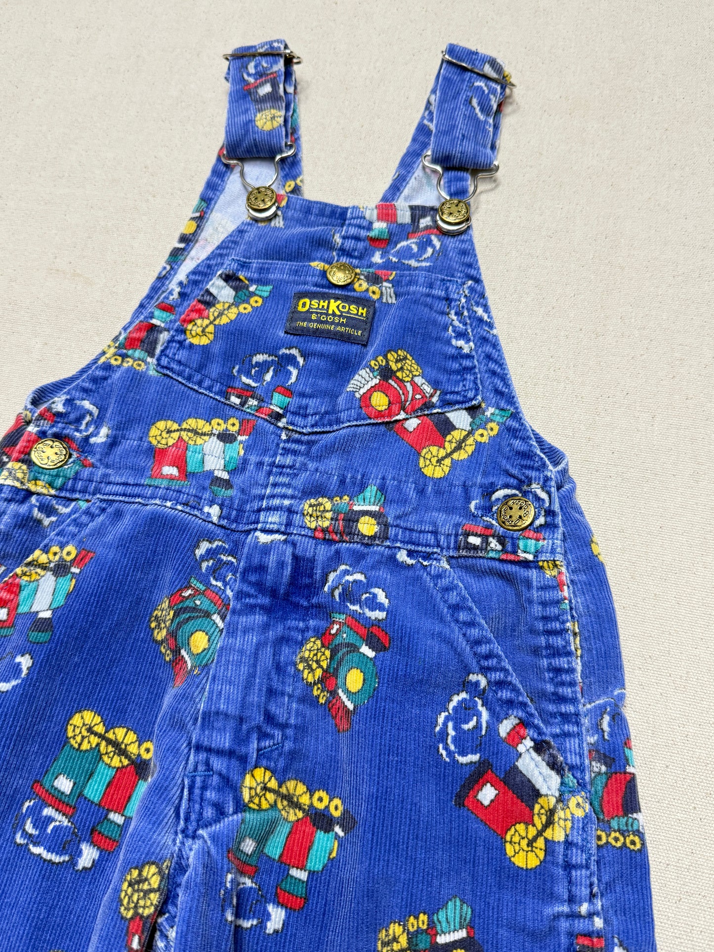 90s Kids Toddler Vintage Oshkosh Bgosh Train Pattern Blue Corduroy Overall / 2T 3T