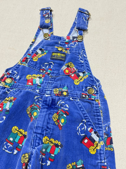 90s Kids Toddler Vintage Oshkosh Bgosh Train Pattern Blue Corduroy Overall / 2T 3T