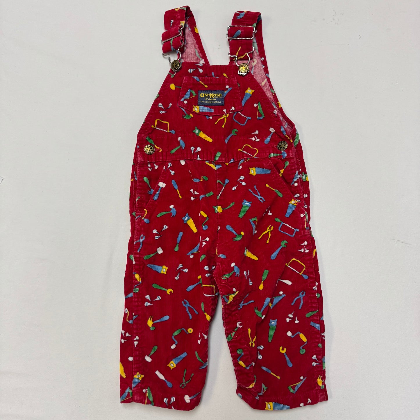 90s Kids Toddler Infant Vintage Baby B’Gosh Oshkosh Red Corduroy Tools Prints AOP //24m / Made in USA