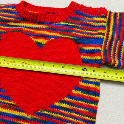 Kids Toddler Vintage Handmade Rainbow Big Heart Pattern Knit Sweater / 3T 4T 5T