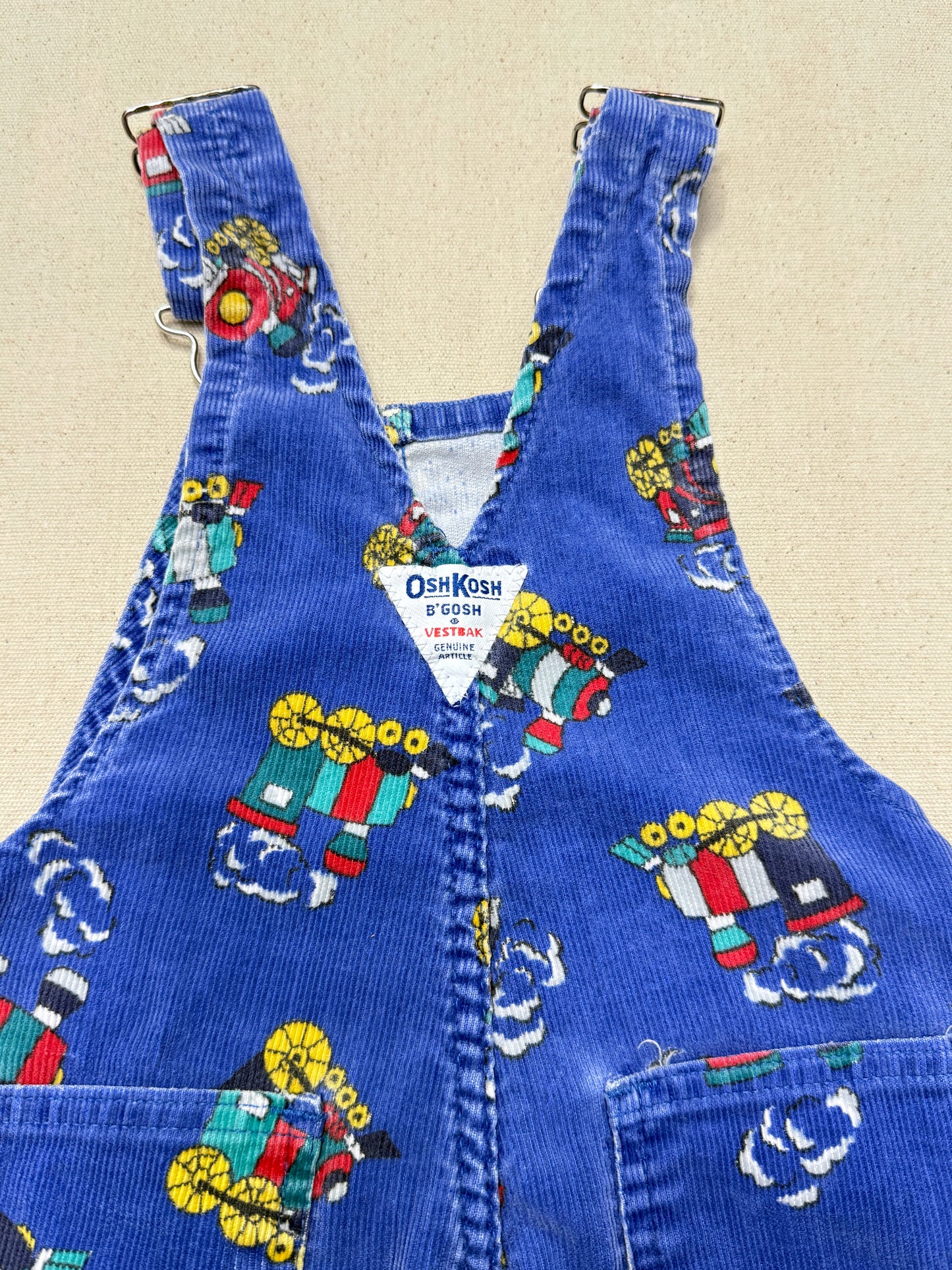 90s Kids Toddler Vintage Oshkosh Bgosh Train Pattern Blue Corduroy Overall / 2T 3T