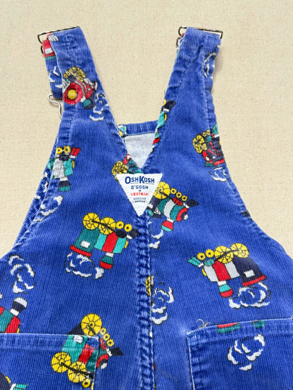 90s Kids Toddler Vintage Oshkosh Bgosh Train Pattern Blue Corduroy Overall / 2T 3T