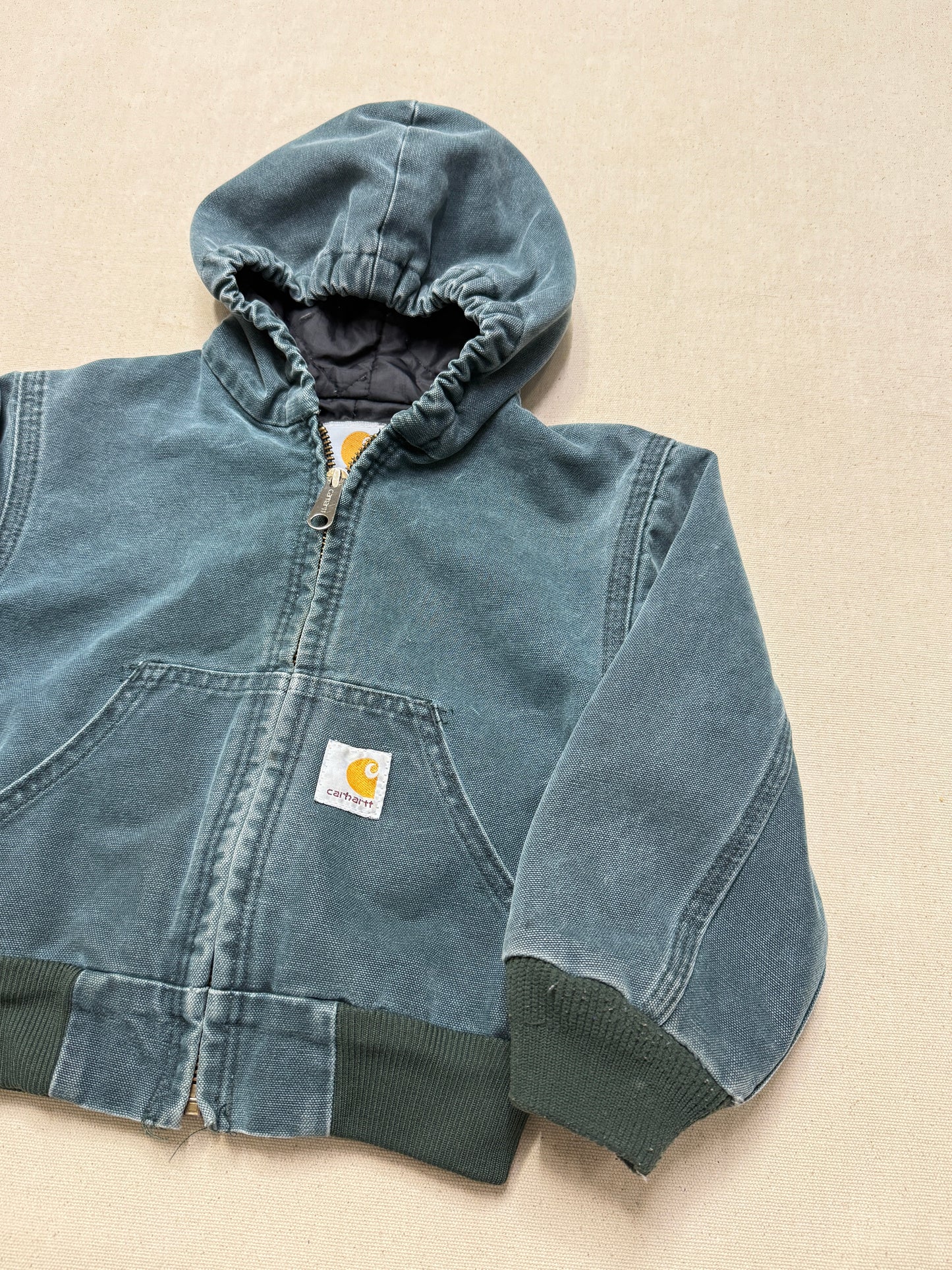 1999 90s Kids Toddler Vintage Carhartt Dark Green Quilted Lined Hooded Active Jacket / 2T 3T 4T
