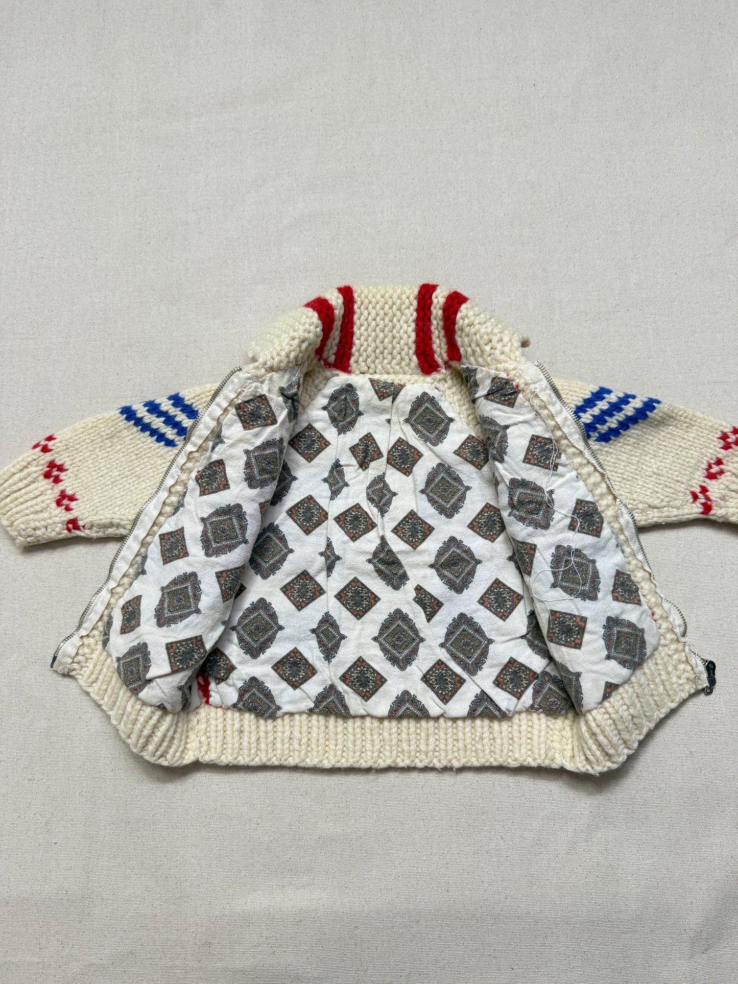 60s 70s Kids Toddler Vintage Guardsman Embroidered Shawl Collar Flash Zipper Lined Cowichan Sweater / 2T 3T