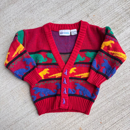 80s 90s Kids Toddler Vintage Multicolour Dinosaur Way Cool Cardigan Dino Buttons 2T