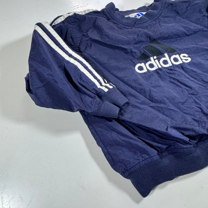 90s Vintage Adidas Kids Toddler Blue/Navy Lined Pullover Sleeves Striped Windbreaker Sweatshirt Jacket Big Logo L 6Y