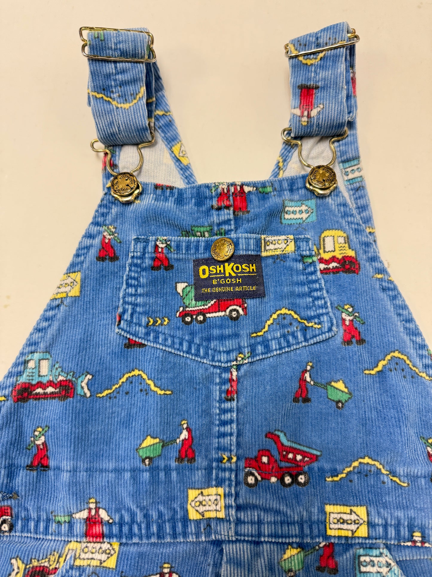 90s Kids Toddler Vintage Oshkosh Bgosh Construction Trucks AOP Blue Corduroy Overall / 5T 6y