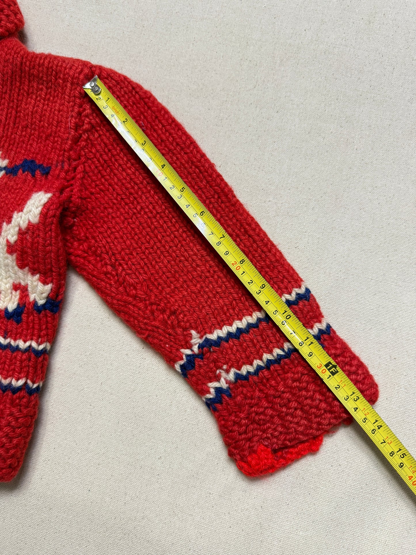 50s 60s Kids Toddler Vintage Lamb Emboridered Red Flash Zipper Shawl Collar Cowichan Sweater / 4T 5y 6y