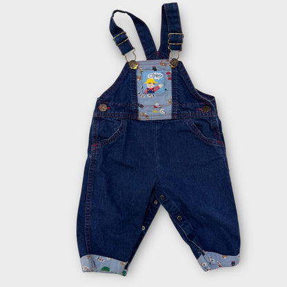 Baby Vintage 100% Cotton Denim Oshkosh Overall Farm Friends With Cuff Print 12M Made In USA