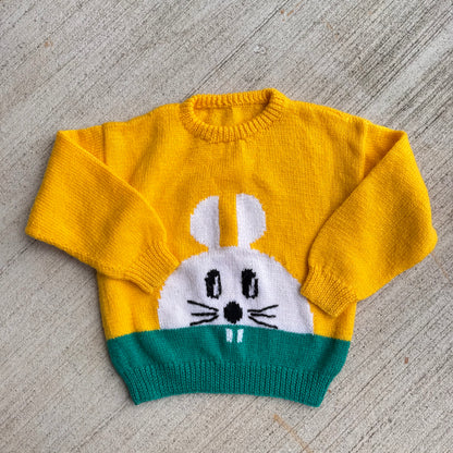 Kids Vintage Hand Knit Bunny Yellow Pullover Sweater 5Y 6Y 7Y 8Y