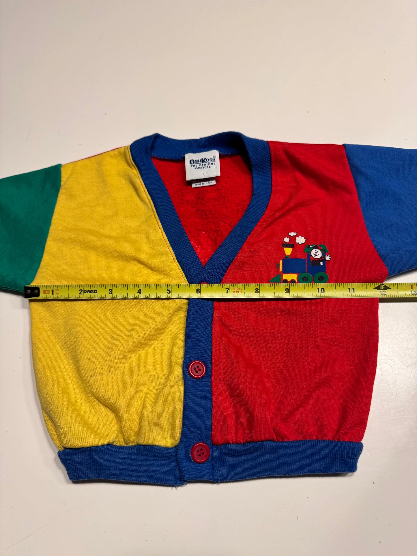 90s Kids Toddler Infant Vintage Baby B’Gosh Oshkosh Multicolour Train Big Print Red Green Yellow Blue Sweat Cardigan //12m / Made in USA
