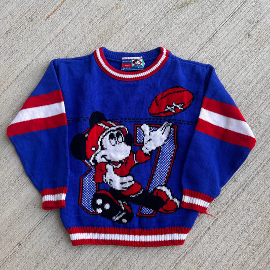 Kids Vintage Disney Mickey Mouse Knit Blue Football Pullover Sweater 4Y 5Y 6Y