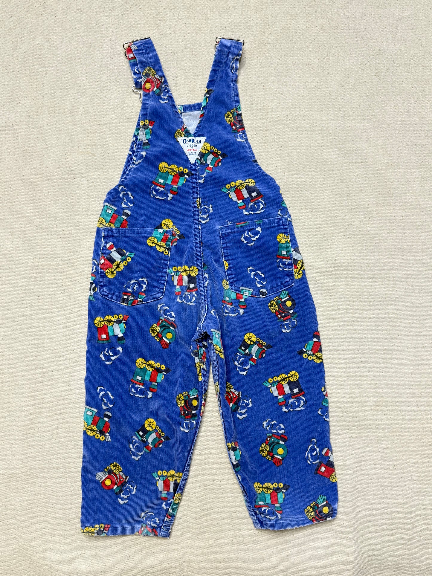 90s Kids Toddler Vintage Oshkosh Bgosh Train Pattern Blue Corduroy Overall / 2T 3T