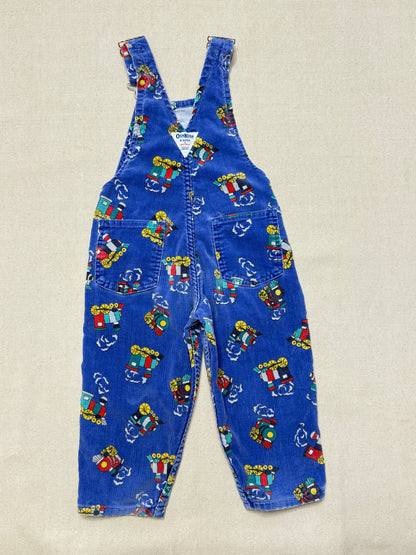 90s Kids Toddler Vintage Oshkosh Bgosh Train Pattern Blue Corduroy Overall / 2T 3T