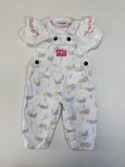 90s Kids Infant Baby Vintage Oshkosh Bgosh Rabitt AOP Overall and Raffle  Sleeve Tshirt 2pc Set / 3m 6m 9m / Made in USA set