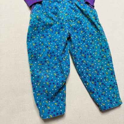 90s Kids Toddler Vintage Star Moon AOP Longsleeve Tshirt & Corduroy Overall 2pc Set / 24m 2T 3T