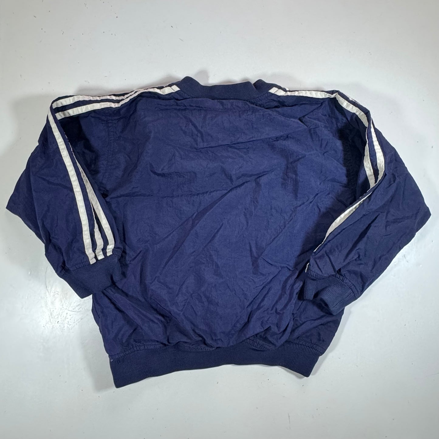 90s Vintage Adidas Kids Toddler Blue/Navy Lined Pullover Sleeves Striped Windbreaker Sweatshirt Jacket Big Logo L 6Y