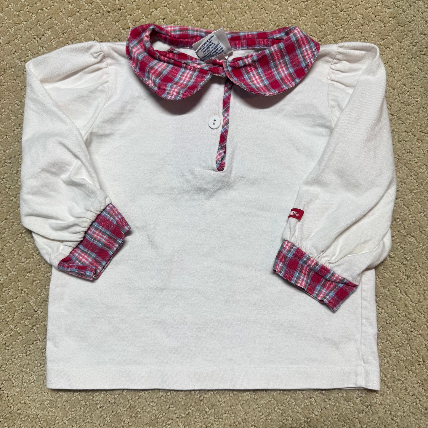 90s Kids Toddler Infant Vintage Baby B’Gosh Oshkosh 2 Piece Set Plaid Overall With Matching White Ruffle Long Sleeve /2T / Made in USA
