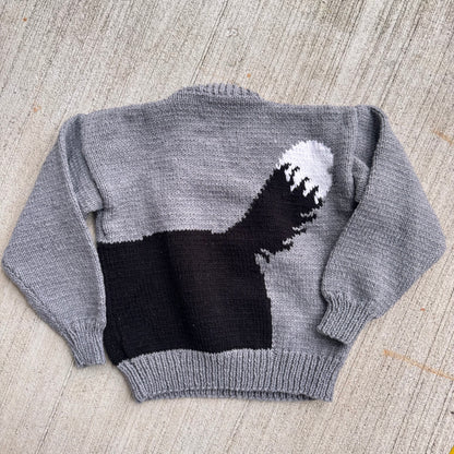 Kids Vintage Hand Knit Dog Front/Back Gray Pullover Sweater 6Y 7Y 8Y