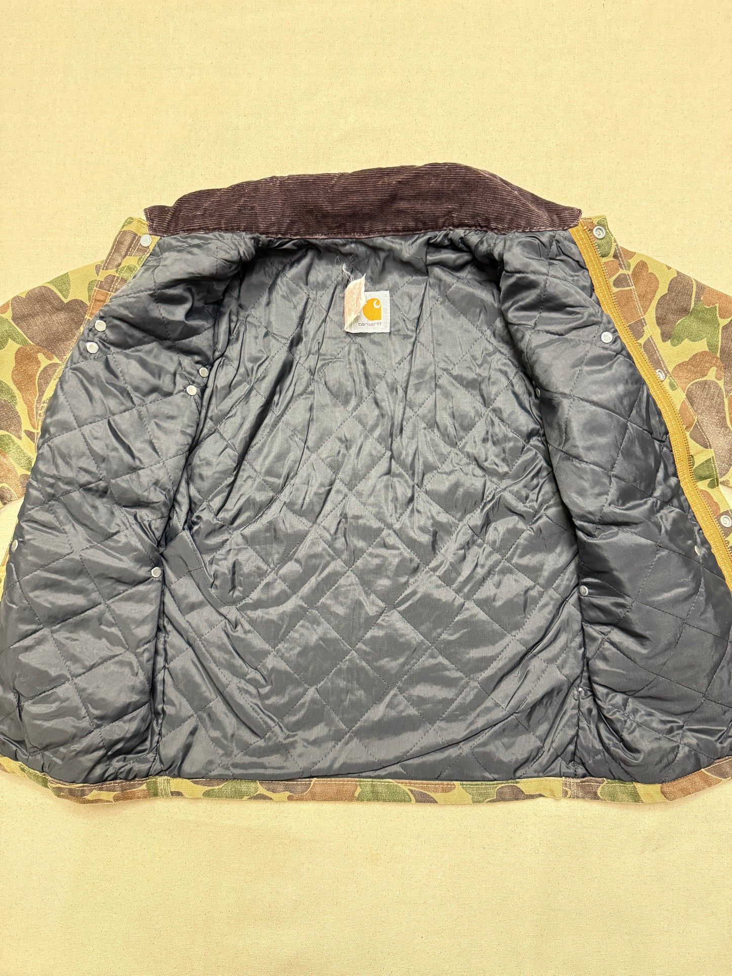 80s Kids Youth Vintage Carhartt Rare Duck Hunting Camo Corduroy Collar Quilt Lined Jacket / 7y 8y 9y