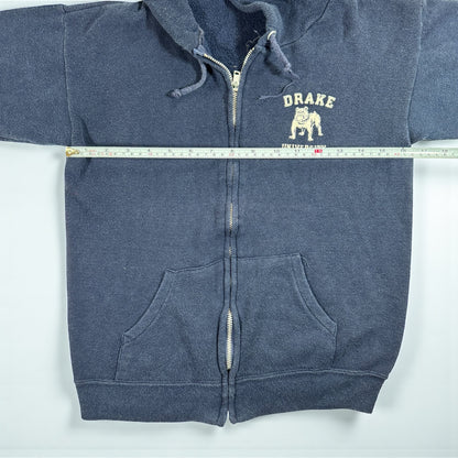 80s Kids Youth Vintage Drake University Flock Print Navy Zip Hooded Sweatshirt Made in USA L 14Y 16Y