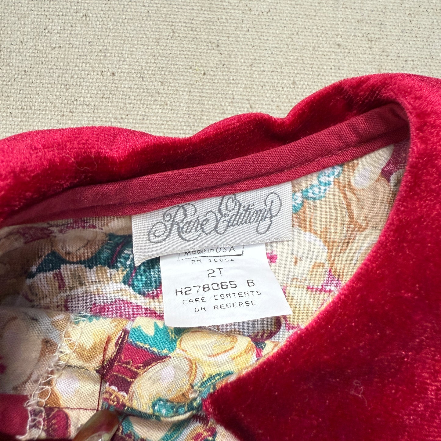 80s 90s Kids Toddler Vintage Teddy Bear AOP Christmas Pattern Velvet Round Collar Dress / 24m 2T   dress