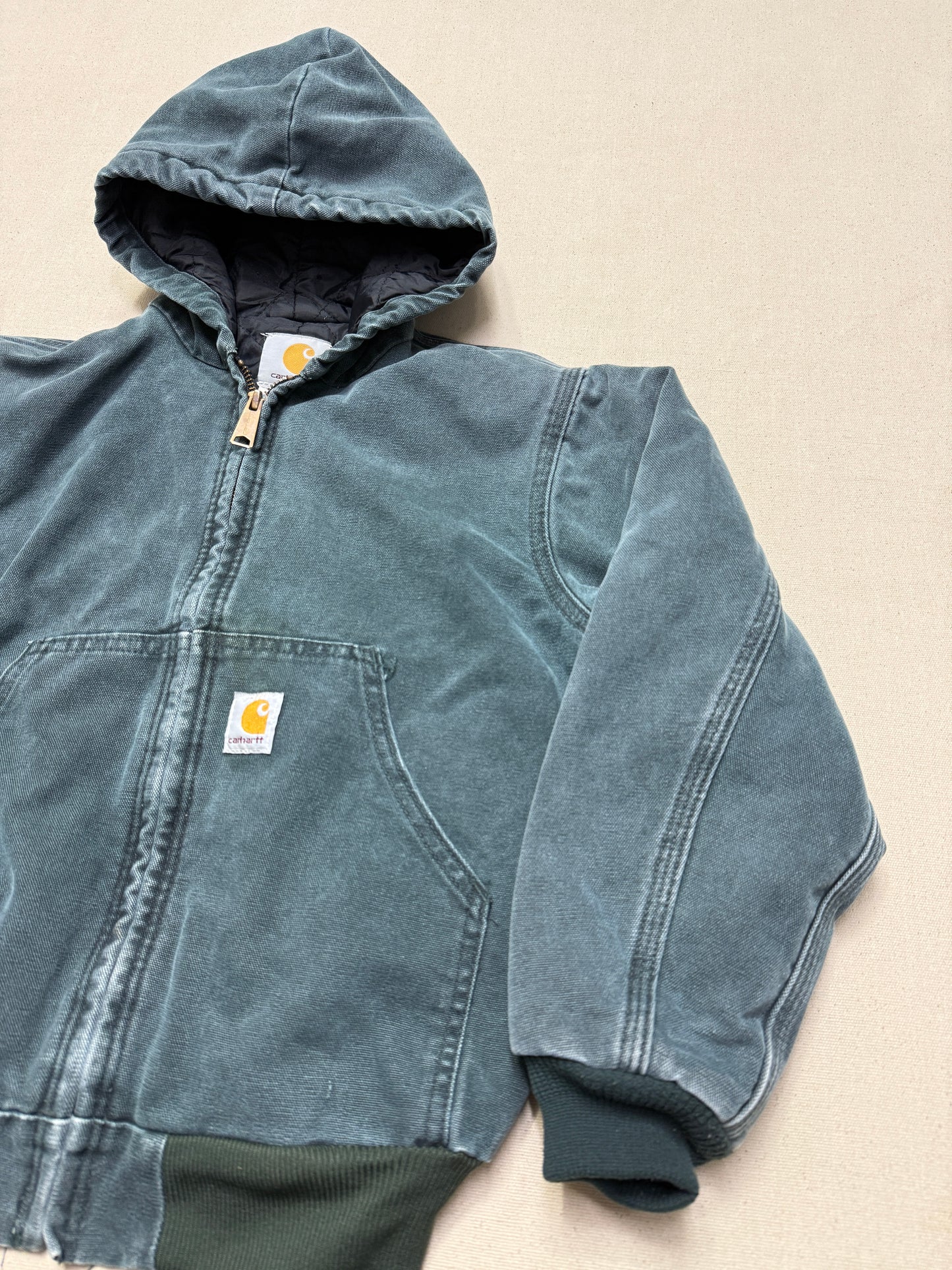 2002 Kids Youth Vintage Carhartt Dark Green Quilted Lined Hooded Active Jacket / 7y 8y 9y