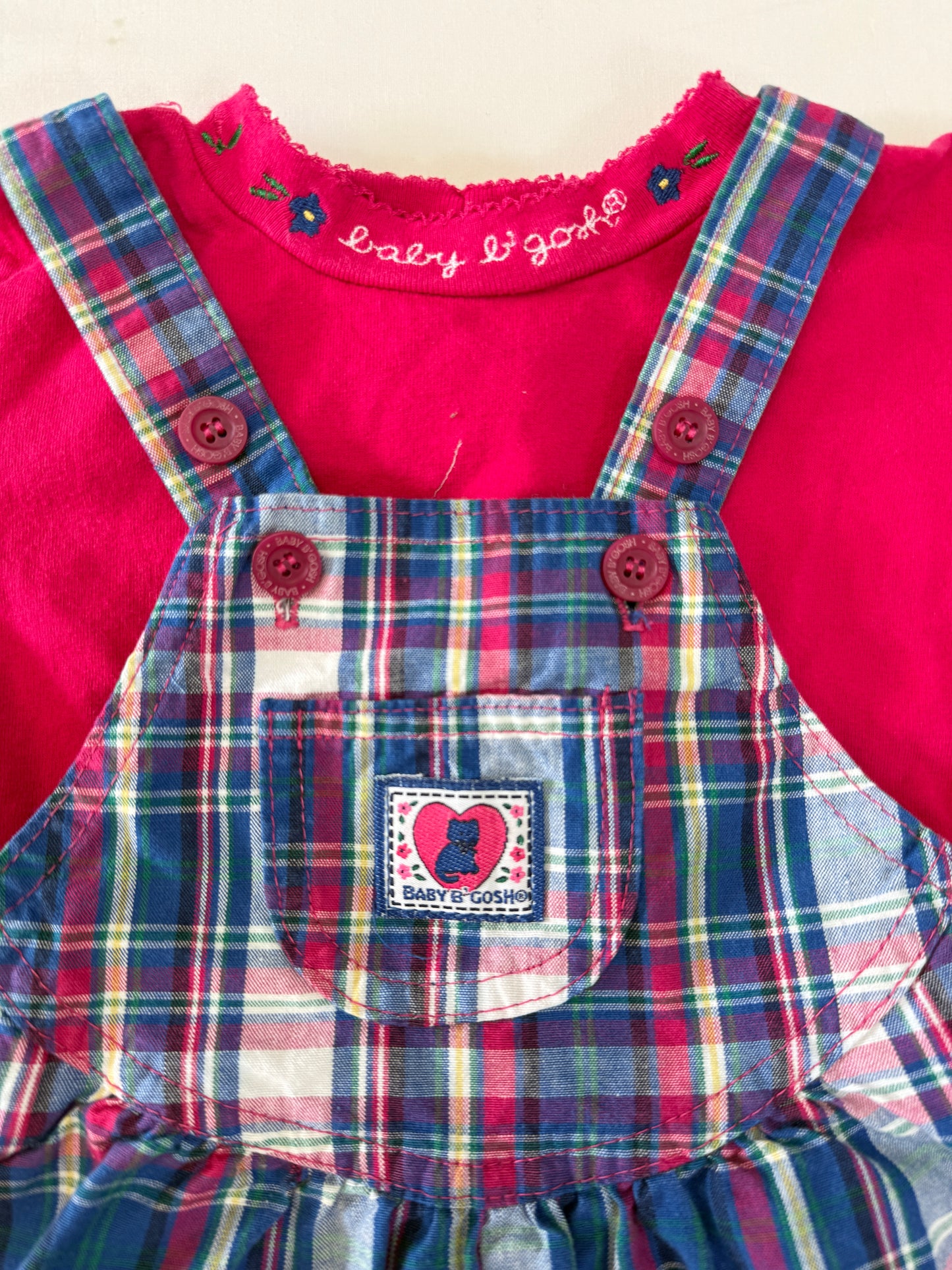 90s Kids Toddler Infant Vintage Baby Bgosh Oshkosh Bgosh Plaid Check Pink Tshirt Overall 2pc Set / 12m 18m 24m / Made in USA