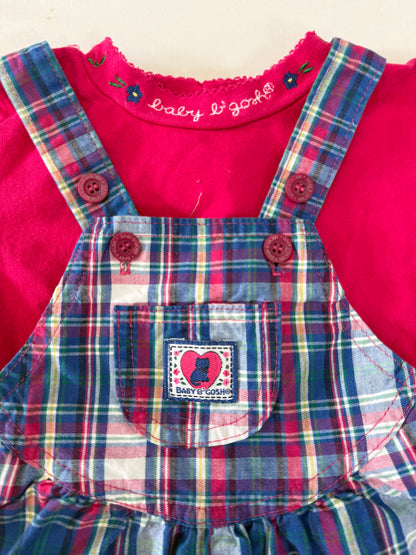 90s Kids Toddler Infant Vintage Baby Bgosh Oshkosh Bgosh Plaid Check Pink Tshirt Overall 2pc Set / 12m 18m 24m / Made in USA