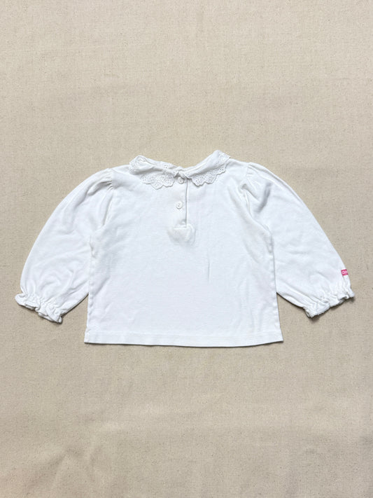 90s Kids Toddler Vintage Oshkosh Bgosh Lace Collared White Puffsleeve Longsleeve Top / 2T 3T / Made in USA