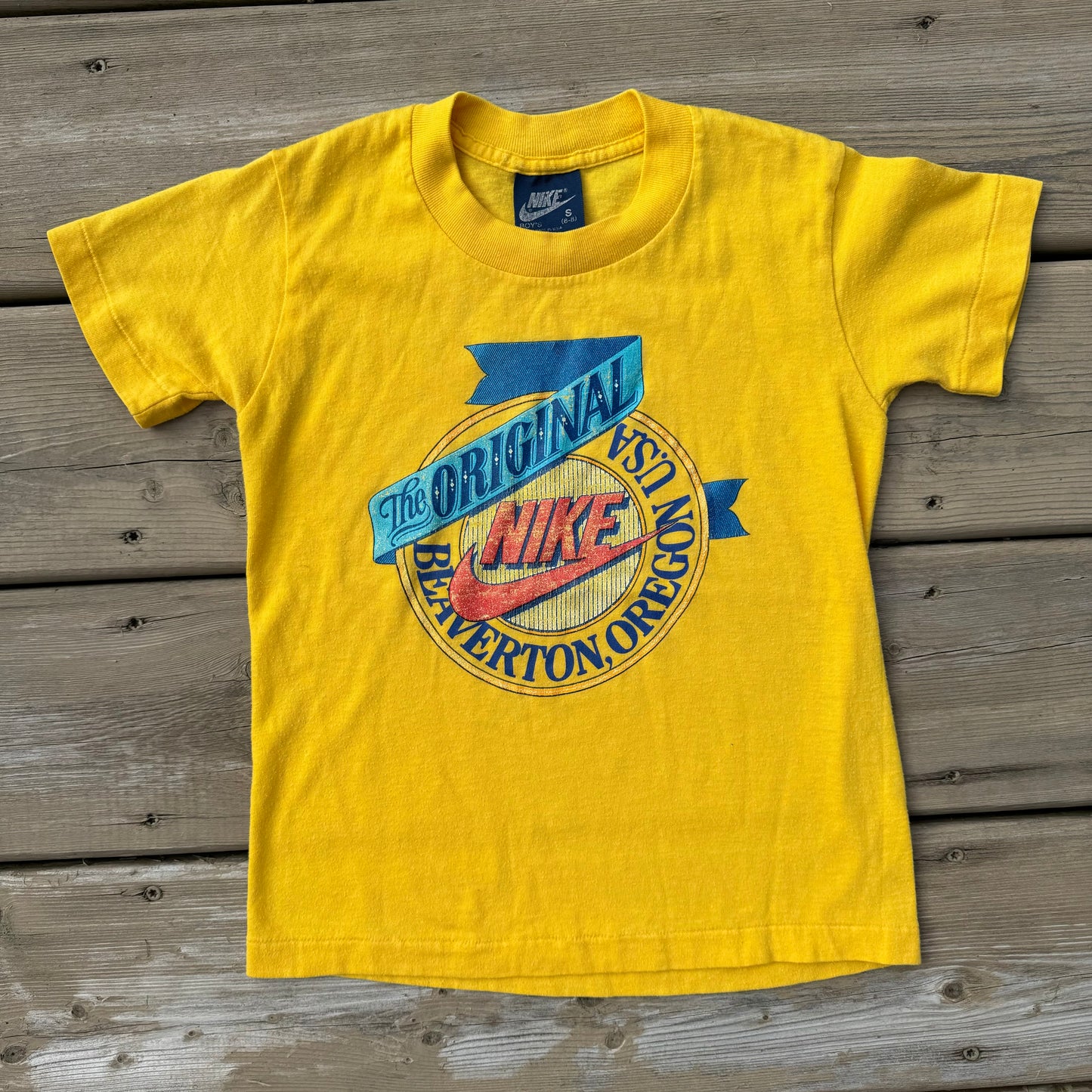 80s Kids Nike Yellow Beaverton Oregon T-Shirt S 6/8Y