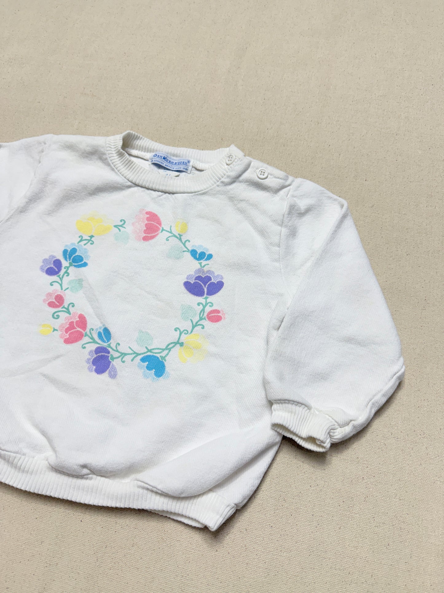 80s 90s Kids Toddler Vintage Oshkosh Bgosh Flawer Print White Longsleeve Cotton Top / 2T 3T / Made in USA