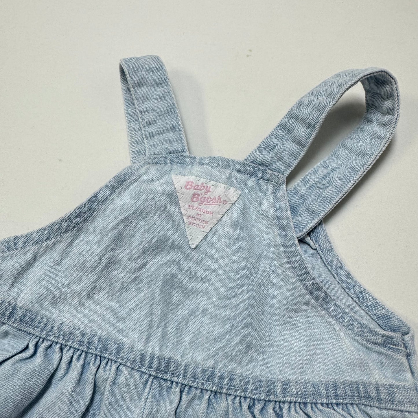 90s Kids Baby Vintage Oshkosh Bgosh Light Denim Shortall Romper Pink Label /6m/9m/12m