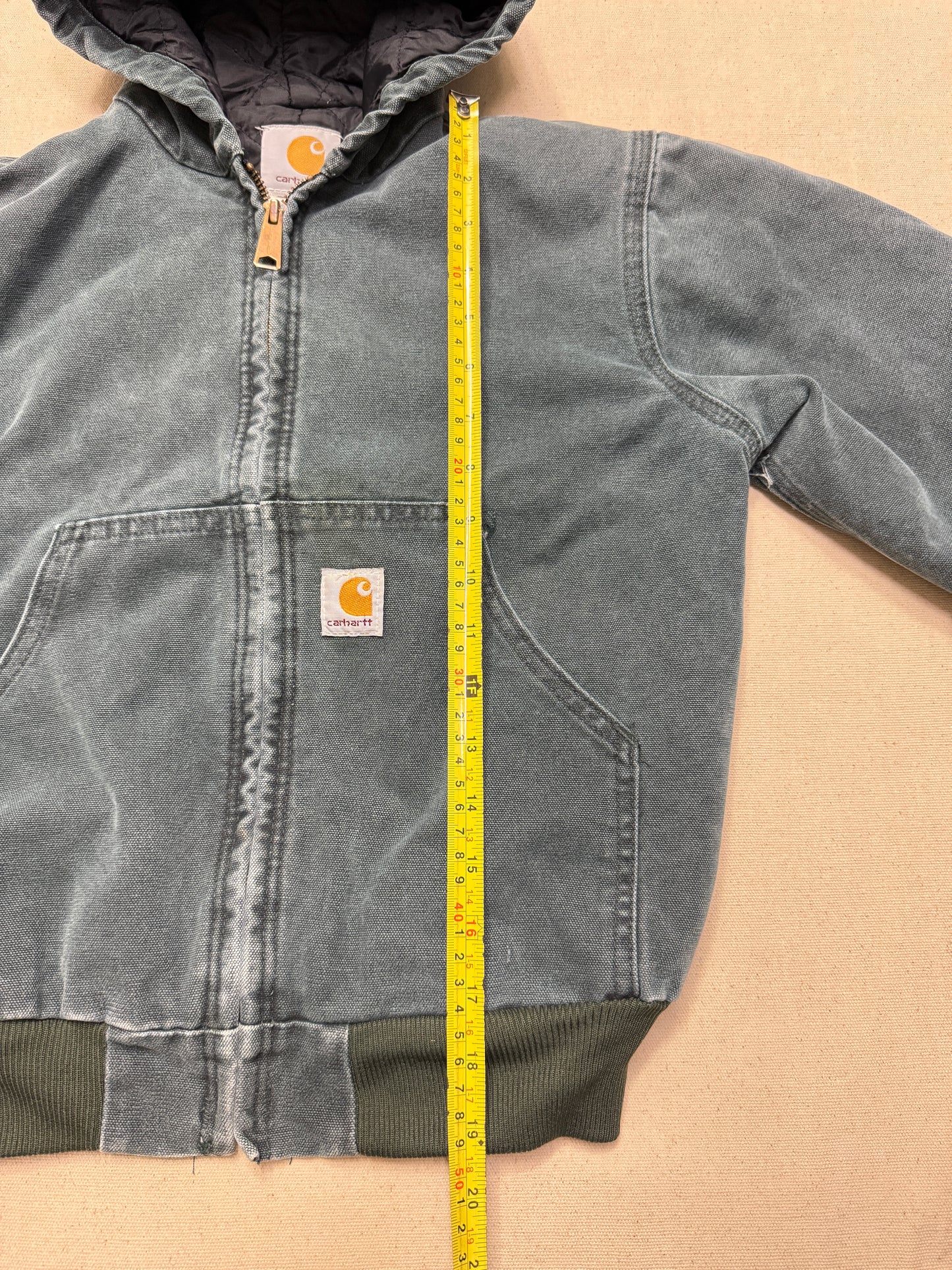 2002 Kids Youth Vintage Carhartt Dark Green Quilted Lined Hooded Active Jacket / 7y 8y 9y