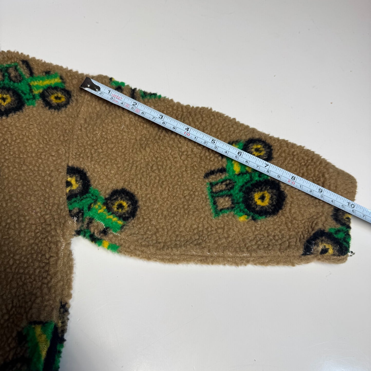 90s 2000s Kids Toddler Vintage Beige Khaki Deep Pile Zip Fleece Tractor AOP With Pockets Made in USA 3T