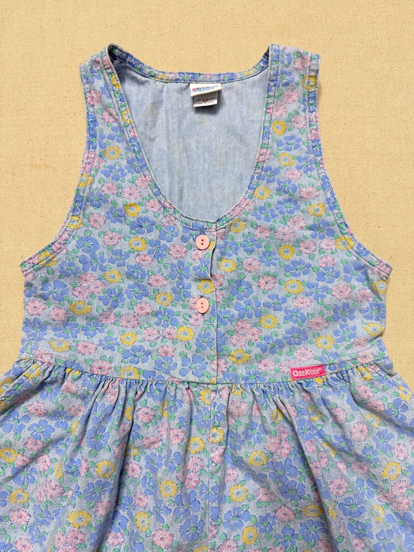 90s Kids Vintage Oshkosh Bgosh Flower AOP Lightweight Denim Jumper / 6X / Made in USA