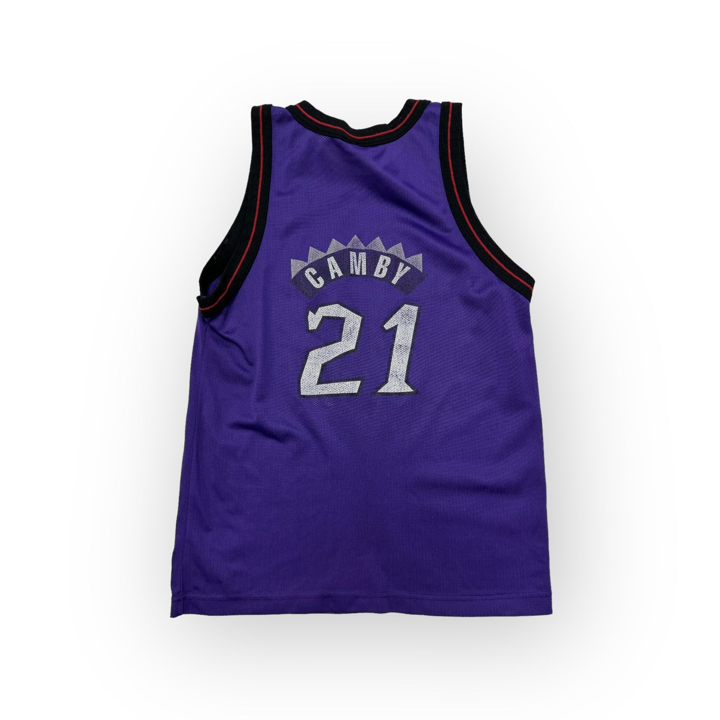 90s VTG Kids Champion Raptors #21 Camby Purple Basketball Jersey L 14-16