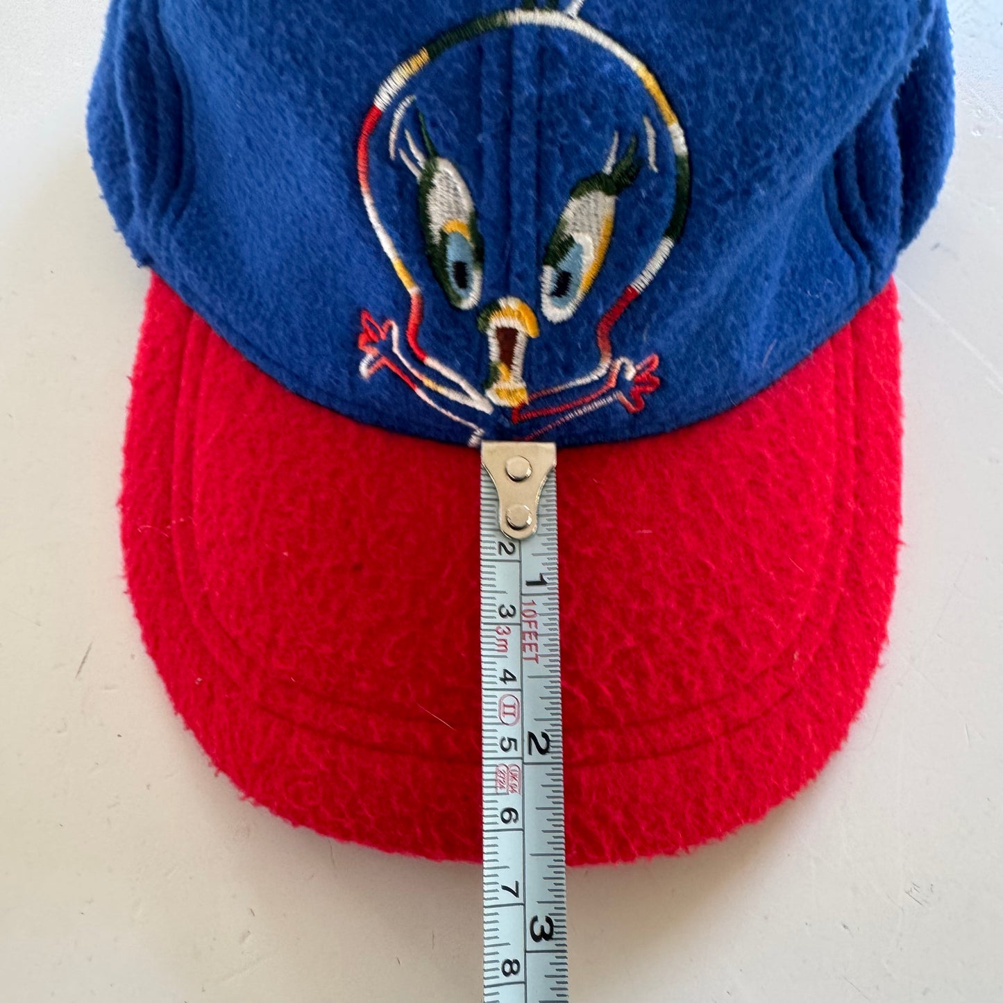 90s 2000s Kids Baby Vintage Tweety Bird Fleece Sun Hat Blue Red 12m 24m