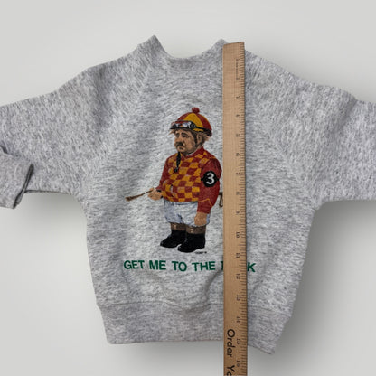 90s Kids Vintage Gray Santee Pullover Sweatshirt ' Get Me To The Track ' Jockey Print Made In USA 3/4Y