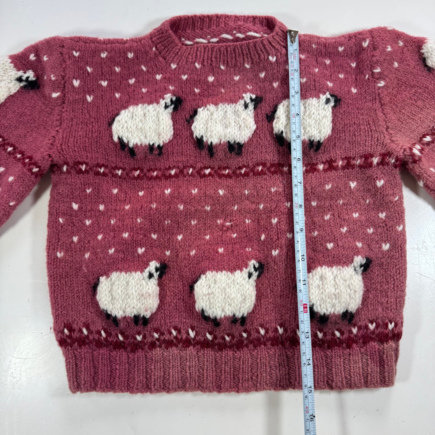 Kids Toddler Vintage Hand Knit Beautiful Maroon Pullover Sweater With Puff Shoulder AOP Sheep r 4Y 5Y 6Y