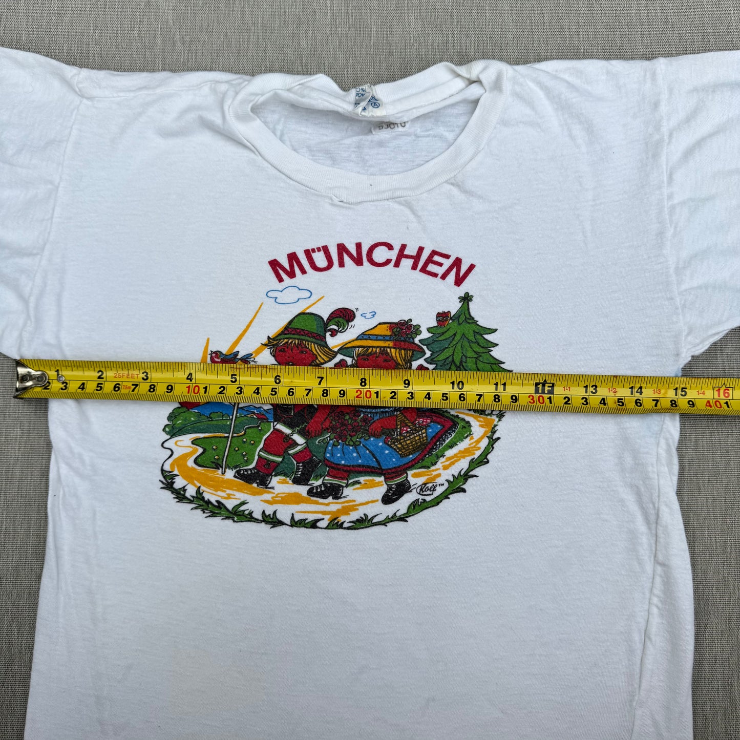 70s Kids Vintage Monchen Yoddlers Print SouvenirWhite 100% Cotton Single Stitch Short Sleeve T-Shirt 10Y Baby Tee XS Adult