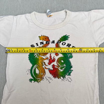 70s Kids Vintage Singapore Dragons Print on a Beige Short Sleeve T-Shirt 5Y 6Y